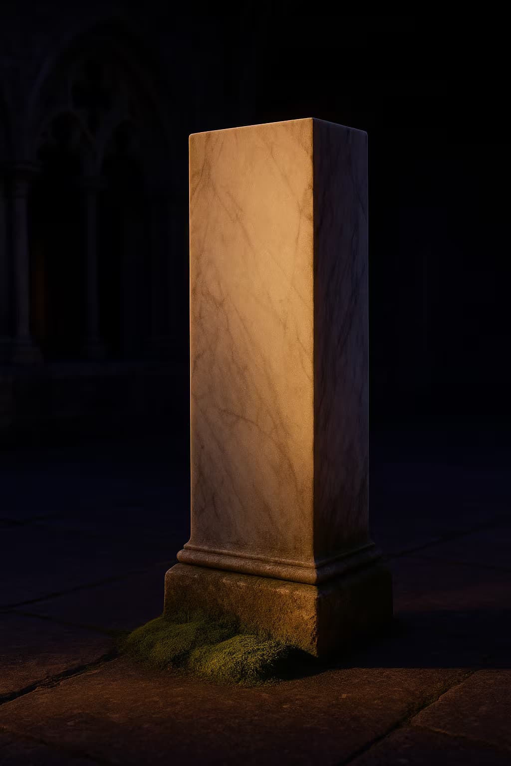 A marble standing stone in a quiet cloister at dusk, gold sidelight pouring across its blank polished face.
